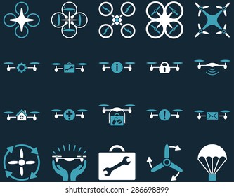 Air drone and quadcopter tool icons. Icon set style: flat vector bicolor images, blue and white symbols, isolated on a dark blue background.