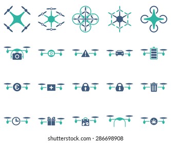 Air drone and quadcopter tool icons. Icon set style: flat vector bicolor images, cobalt and cyan symbols, isolated on a white background.