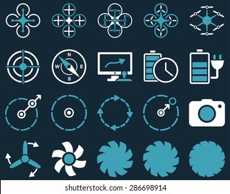 Air drone and quadcopter tool icons. Icon set style: flat vector bicolor images, blue and white symbols, isolated on a dark blue background.