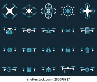 Air drone and quadcopter tool icons. Icon set style: flat vector bicolor images, blue and white symbols, isolated on a dark blue background.