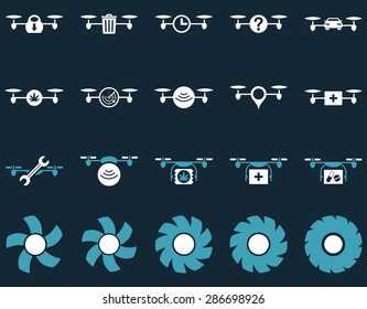 Air drone and quadcopter tool icons. Icon set style: flat vector bicolor images, blue and white symbols, isolated on a dark blue background.