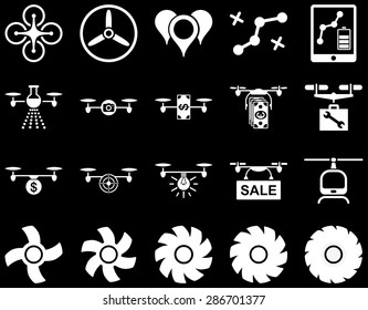 Air drone and quadcopter tool icons. Icon set style: flat vector images, white symbols, isolated on a black background.