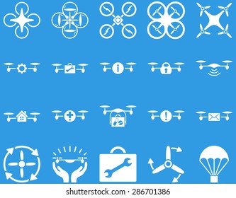 Air drone and quadcopter tool icons. Icon set style: flat vector images, white symbols, isolated on a blue background.