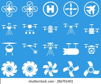 Air drone and quadcopter tool icons. Icon set style: flat vector images, white symbols, isolated on a blue background.