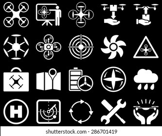 Air drone and quadcopter tool icons. Icon set style: flat vector images, white symbols, isolated on a black background.