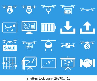 Air drone and quadcopter tool icons. Icon set style: flat vector images, white symbols, isolated on a blue background.