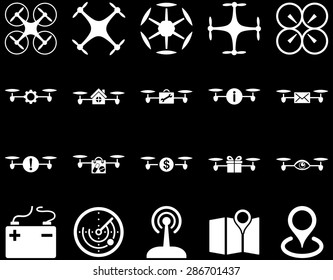 Air drone and quadcopter tool icons. Icon set style: flat vector images, white symbols, isolated on a black background.