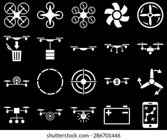 Air drone and quadcopter tool icons. Icon set style: flat vector images, white symbols, isolated on a black background.