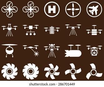 Air drone and quadcopter tool icons. Icon set style: flat vector images, white symbols, isolated on a brown background.