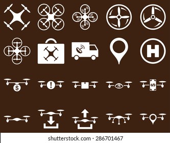 Air drone and quadcopter tool icons. Icon set style: flat vector images, white symbols, isolated on a brown background.