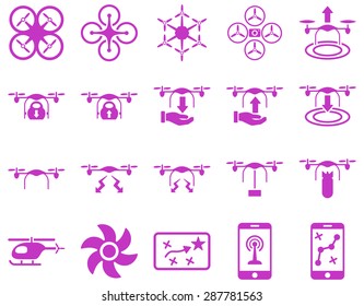 Air drone and quadcopter tool icons. Icon set style: flat vector images, violet symbols, isolated on a white background.