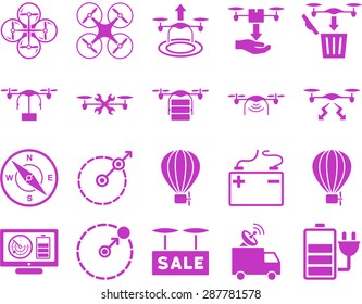 Air drone and quadcopter tool icons. Icon set style: flat vector images, violet symbols, isolated on a white background.