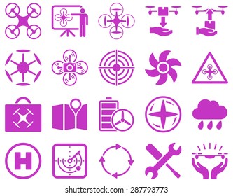 Air drone and quadcopter tool icons. Icon set style: flat vector images, violet symbols, isolated on a white background.