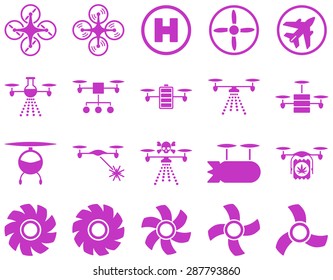 Air drone and quadcopter tool icons. Icon set style: flat vector images, violet symbols, isolated on a white background.