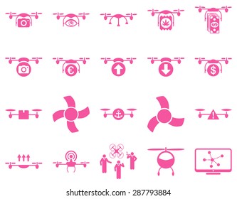 Air drone and quadcopter tool icons. Icon set style: flat vector images, pink symbols, isolated on a white background.