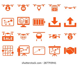 Air drone and quadcopter tool icons. Icon set style: flat vector images, orange symbols, isolated on a white background.