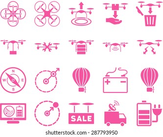 Air drone and quadcopter tool icons. Icon set style: flat vector images, pink symbols, isolated on a white background.