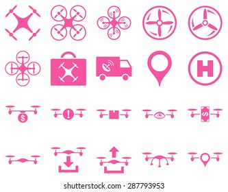 Air drone and quadcopter tool icons. Icon set style: flat vector images, pink symbols, isolated on a white background.