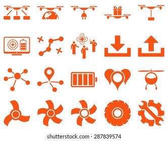 Air drone and quadcopter tool icons. Icon set style: flat vector images, orange symbols, isolated on a white background.
