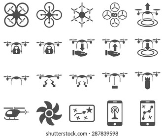 Air drone and quadcopter tool icons. Icon set style: flat vector images, gray symbols, isolated on a white background.
