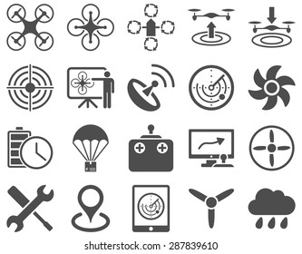 Air drone and quadcopter tool icons. Icon set style: flat vector images, gray symbols, isolated on a white background.