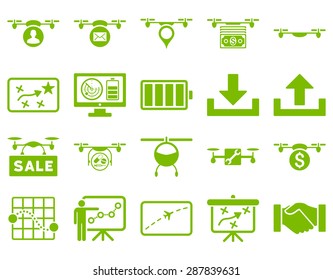 Air drone and quadcopter tool icons. Icon set style: flat vector images, eco green symbols, isolated on a white background.