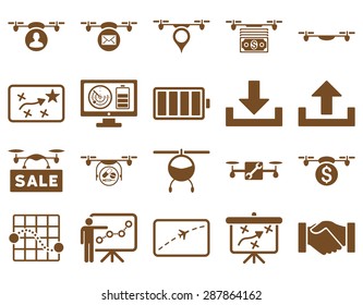 Air drone and quadcopter tool icons. Icon set style: flat vector images, brown symbols, isolated on a white background.