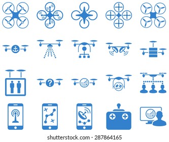 Air drone and quadcopter tool icons. Icon set style: flat vector images, cobalt symbols, isolated on a white background.