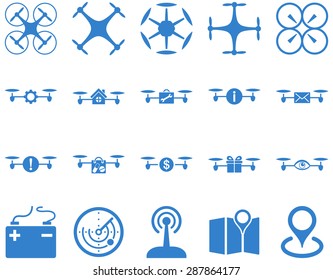 Air drone and quadcopter tool icons. Icon set style: flat vector images, cobalt symbols, isolated on a white background.