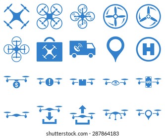 Air drone and quadcopter tool icons. Icon set style: flat vector images, cobalt symbols, isolated on a white background.