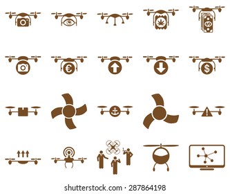 Air drone and quadcopter tool icons. Icon set style: flat vector images, brown symbols, isolated on a white background.
