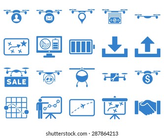 Air drone and quadcopter tool icons. Icon set style: flat vector images, cobalt symbols, isolated on a white background.