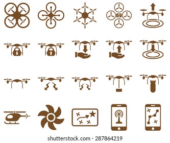 Air drone and quadcopter tool icons. Icon set style: flat vector images, brown symbols, isolated on a white background.