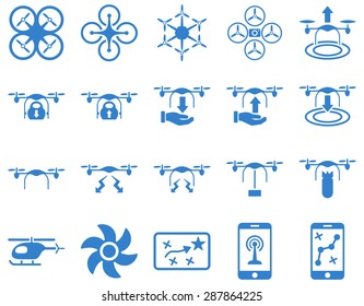 Air drone and quadcopter tool icons. Icon set style: flat vector images, cobalt symbols, isolated on a white background.