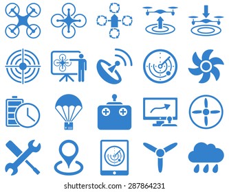 Air drone and quadcopter tool icons. Icon set style: flat vector images, cobalt symbols, isolated on a white background.