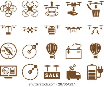 Air drone and quadcopter tool icons. Icon set style: flat vector images, brown symbols, isolated on a white background.