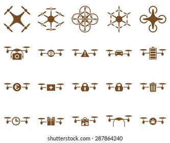 Air drone and quadcopter tool icons. Icon set style: flat vector images, brown symbols, isolated on a white background.