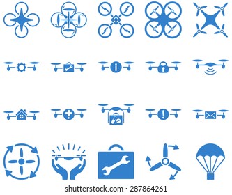 Air drone and quadcopter tool icons. Icon set style: flat vector images, cobalt symbols, isolated on a white background.