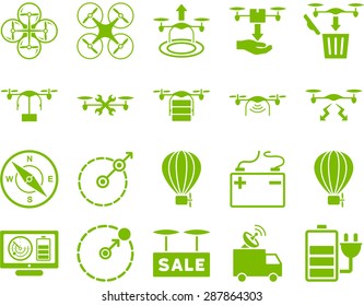 Air drone and quadcopter tool icons. Icon set style: flat vector images, eco green symbols, isolated on a white background.