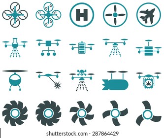 Air drone and quadcopter tool icons. Icon set style: flat vector bicolor images, soft blue symbols, isolated on a white background.