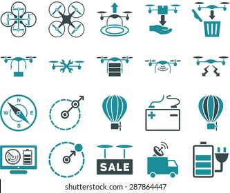 Air drone and quadcopter tool icons. Icon set style: flat vector bicolor images, soft blue symbols, isolated on a white background.