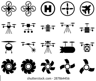Air drone and quadcopter tool icons. Icon set style: flat vector images, black symbols, isolated on a white background.