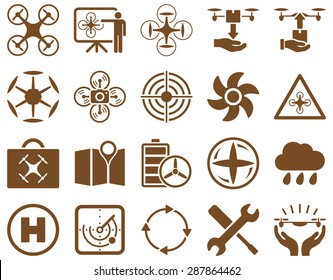 Air drone and quadcopter tool icons. Icon set style: flat vector images, brown symbols, isolated on a white background.