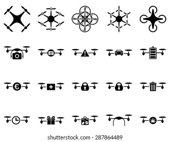 Air drone and quadcopter tool icons. Icon set style: flat vector images, black symbols, isolated on a white background.