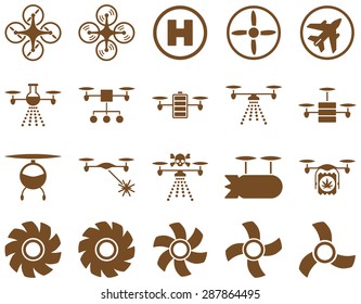 Air drone and quadcopter tool icons. Icon set style: flat vector images, brown symbols, isolated on a white background.