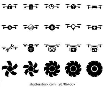 Air drone and quadcopter tool icons. Icon set style: flat vector images, black symbols, isolated on a white background.