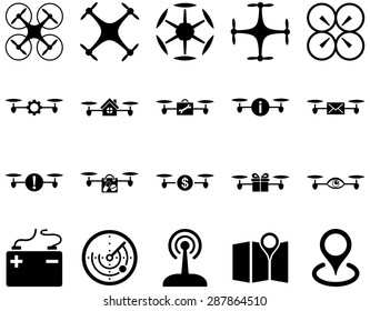 Air drone and quadcopter tool icons. Icon set style: flat vector images, black symbols, isolated on a white background.