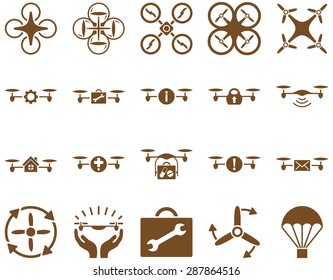 Air drone and quadcopter tool icons. Icon set style: flat vector images, brown symbols, isolated on a white background.