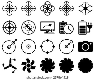 Air drone and quadcopter tool icons. Icon set style: flat vector images, black symbols, isolated on a white background.