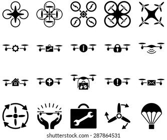 Air drone and quadcopter tool icons. Icon set style: flat vector images, black symbols, isolated on a white background.